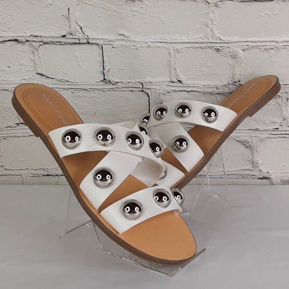 MARC FISHER 'BRYTE' DOMÈ STUDD CRISS~CROSS FLAT SLIP ON SLIDE SANDALS WHITE 7 - Picture 16 of 16